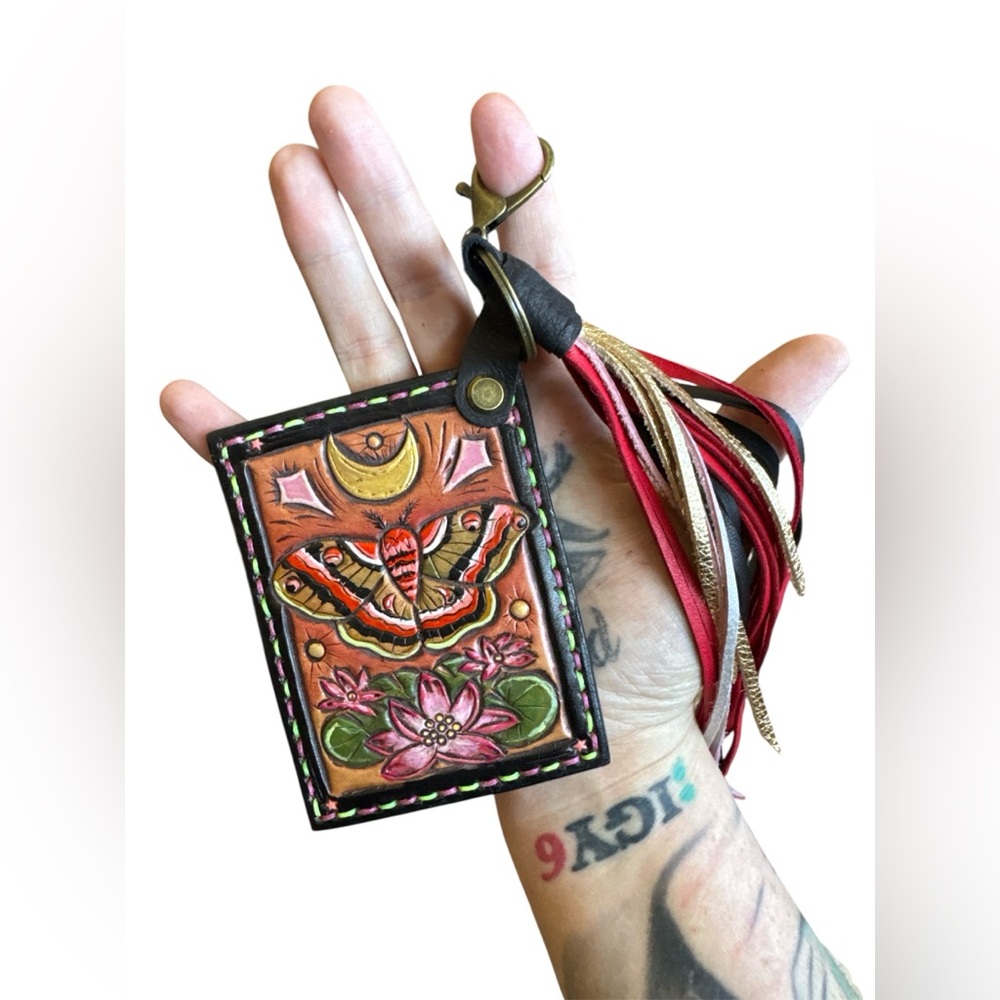 Artisan Handmade Western Southwest Leather Card Holder Moth Butterfly Keychain